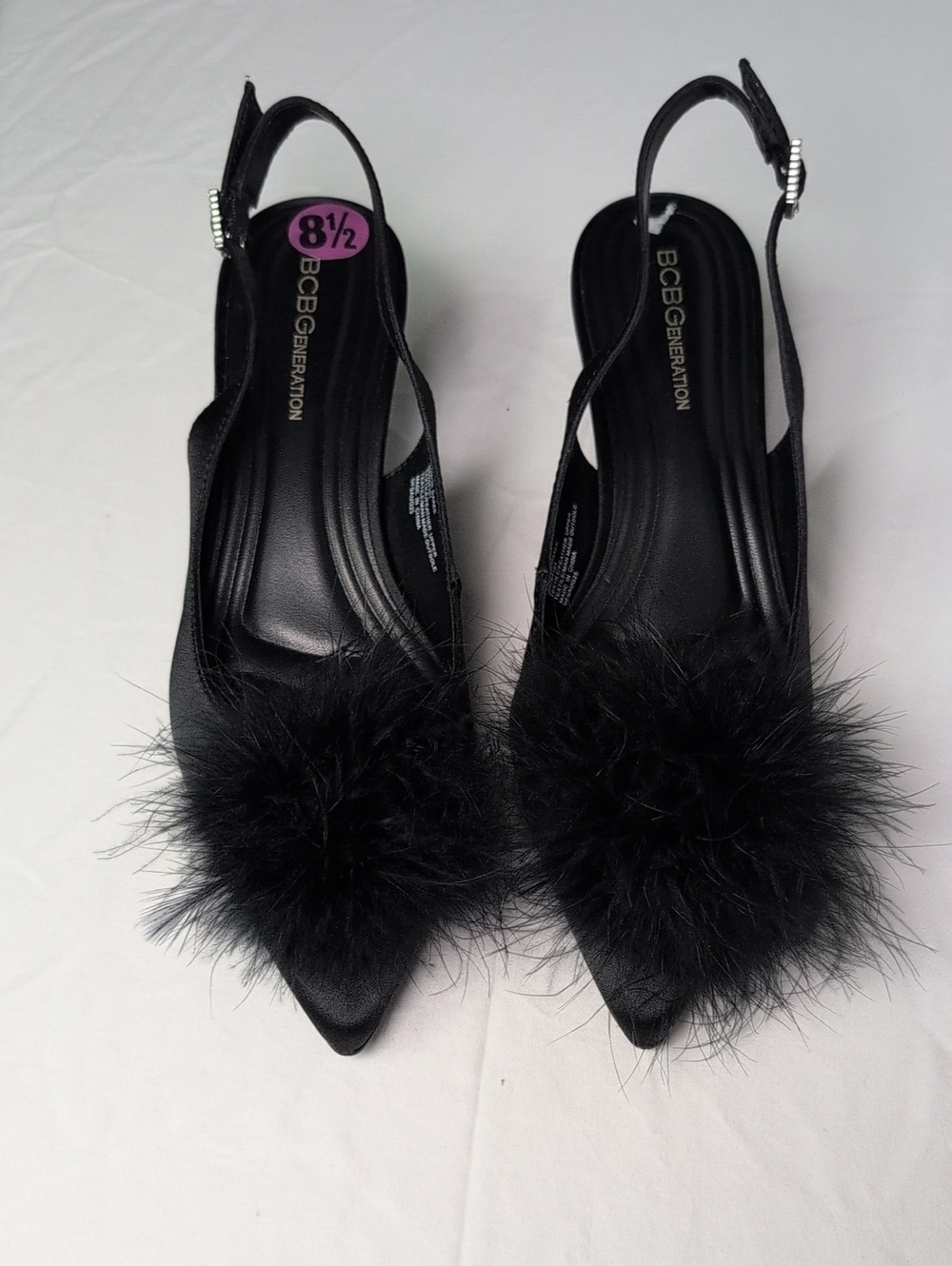 BCBGeneration Black Feather Pom Slingback Heels Size 8.5